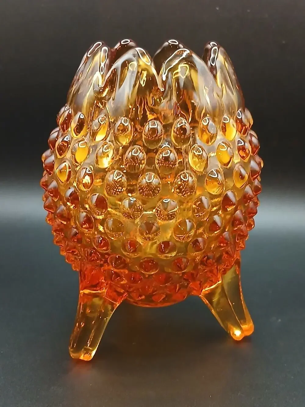 Vintage Fenton Amberina Hobnail 3-Footed Egg Rose Bowl Vase 5
